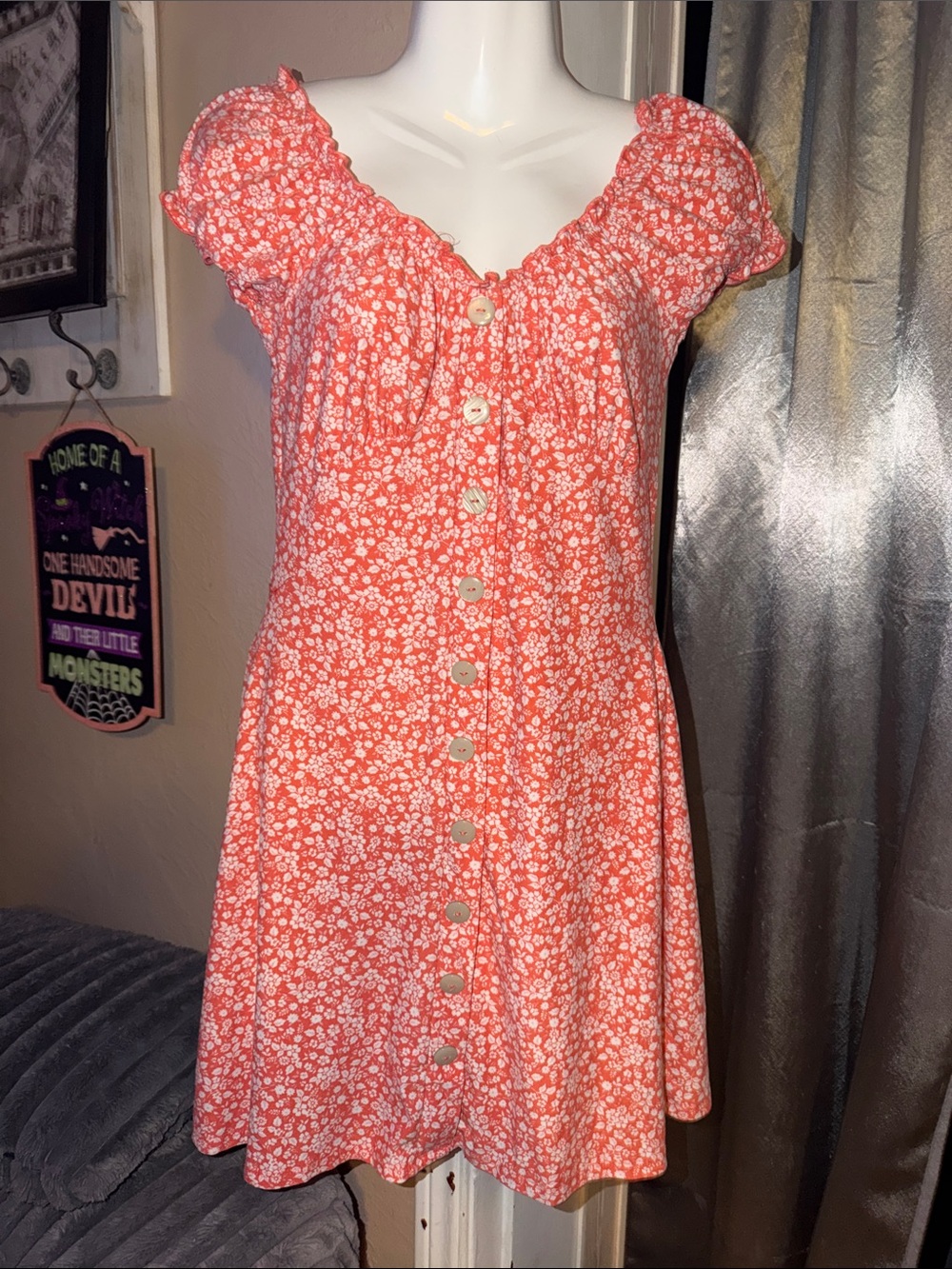 Womens Floral Button-Front Mini Dress in Coral size medium super stretchy